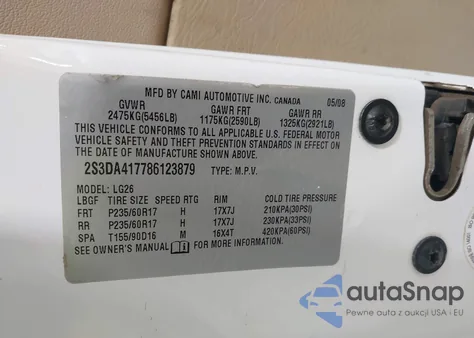 2008 Suzuki Xl7 Luxury from USA, damaged, VIN 2S3DA417786123879